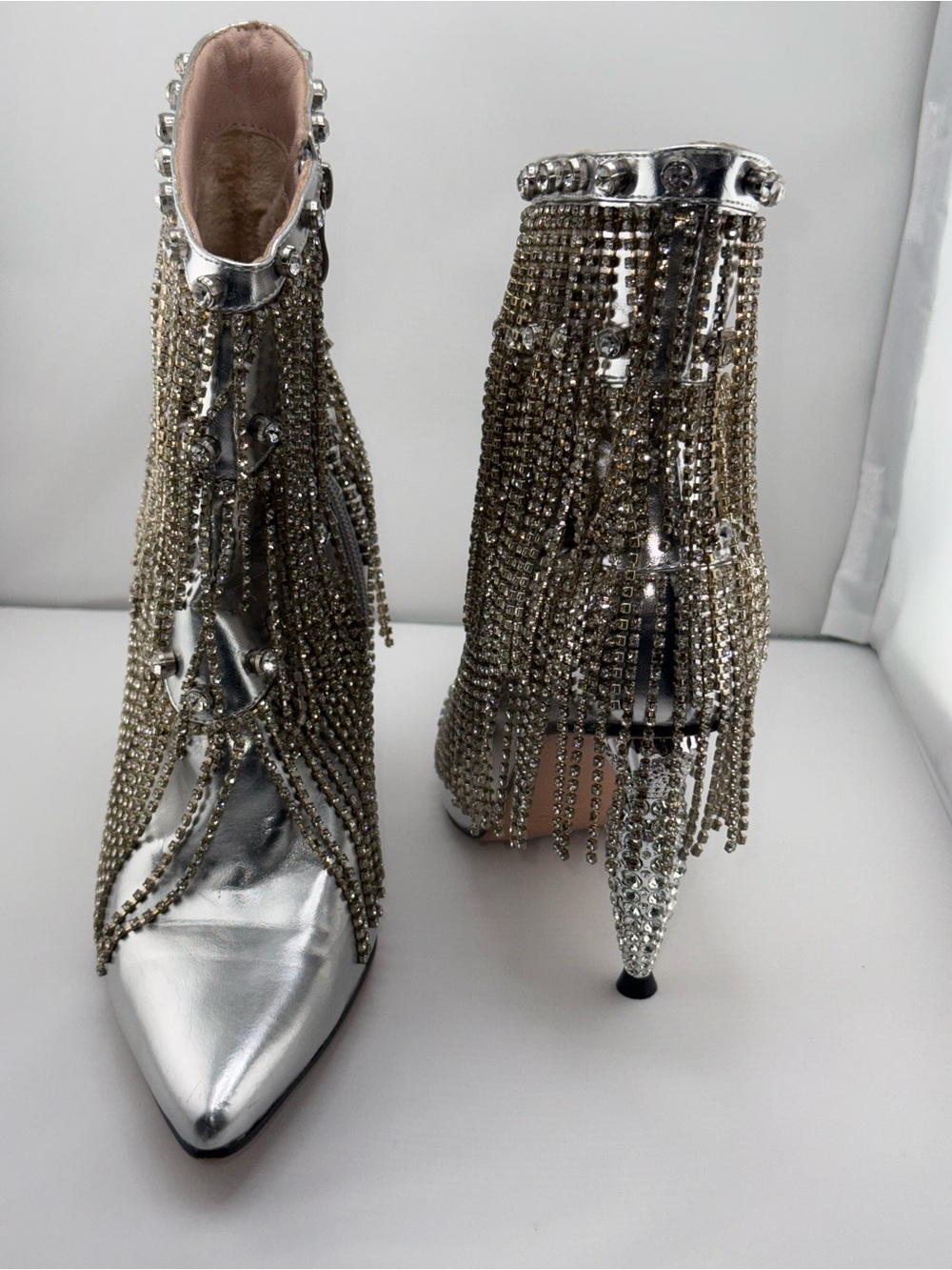 AZALEA WANG Silver Embellished Pointed-Toe Ankle Boots - Picture 10 of 11